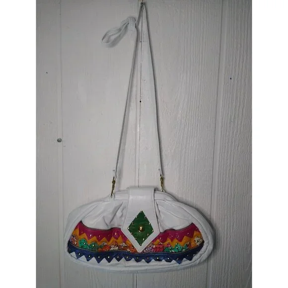 Samir Vtg HandBag White Bright Color Block Zigzag Prints Leather Hinged Purse - Picture 1 of 12